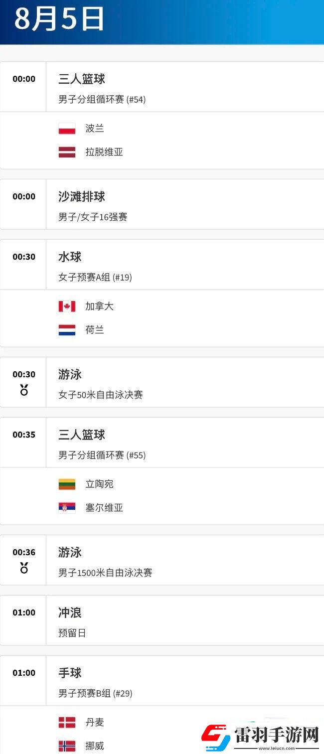 巴黎奥运会8月5日赛程都有哪些赛程
