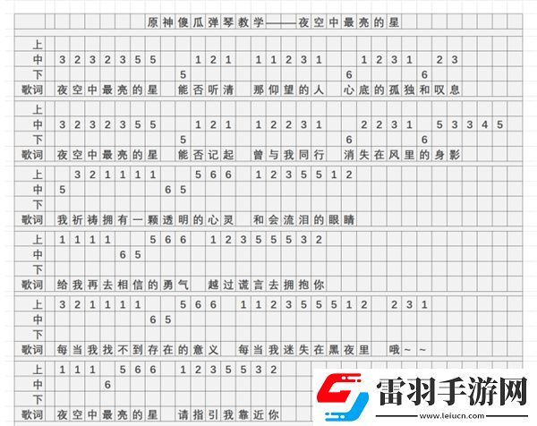 原神夜空中最亮的星琴谱简谱分享