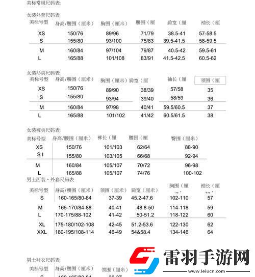 买衣服欧码和美码对照表