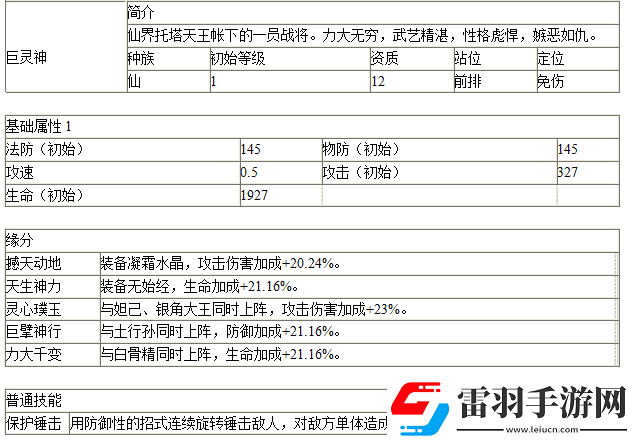 师父有妖气巨灵神属性与技能详细分析及探讨