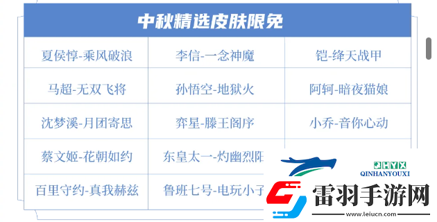王者荣耀2024年中秋节限免皮肤有哪些